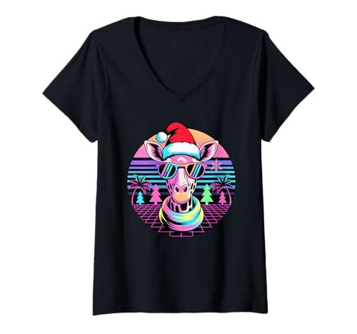 Damen Weihnachten Synthwave Giraffe Sonnenbrille Giraffen T-Shirt mit V-Ausschnitt Damen Weihnachten Synthwave Giraffe Sonnenbrille Giraffen T-Shirt mit V-Ausschnitt von Giraffes Gift For A Giraffe Lover