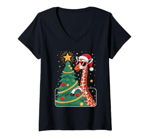 Damen Weihnachtsbaum Giraffe Sonnenbrille Giraffen T-Shirt mit V-Ausschnitt Damen Weihnachtsbaum Giraffe Sonnenbrille Giraffen T-Shirt mit V-Ausschnitt von Giraffes Gift For A Giraffe Lover
