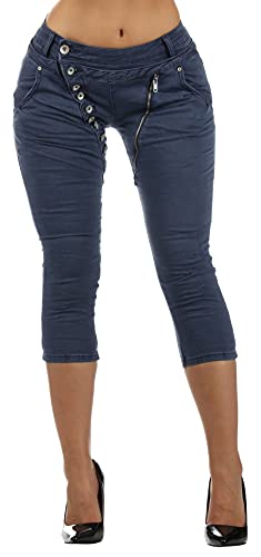 Giralin Damen Caprihosen High Stretch Seitentaschen Zipper Used Look Damenhose Skinny Fit Zierknöpfe Gesäßtaschen Hose 200911 Dunkelblau 38 von Giralin