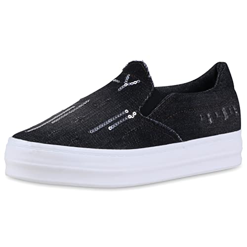 Giralin Damen Denim Sneakers Pailletten Slipper Bequeme Slip-Ons 610993 Schwarz 38 von Giralin