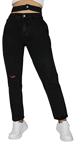 Giralin Damen Jeans Cut-Outs Damenhosen Fransen High Waist Freizeithosen Destroyed Look Mom Fit Hose 200839 Schwarz 38 von Giralin