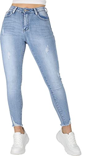 Giralin Damen Jeans Skinny Fit 5-Pocket-Style Freizeithose High Stretch Destroyed Look Fransen Hose 200470 Hellblau 34 von Giralin