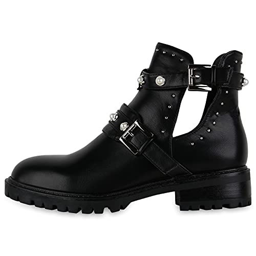 Giralin Damen Nieten Stiefeletten Ankle Boots Freizeit Schuhe Schnallen Absatzschuhe Blockabsatz Zierperlen 610037 Schwarz Zierperlen 36 von Giralin