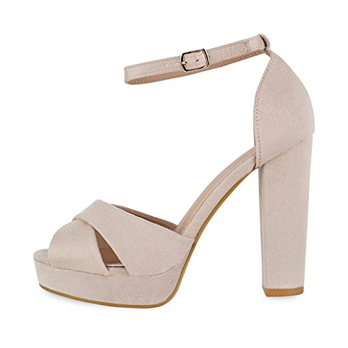 Giralin Damen Plateau Sandaletten Party Schuhe Blockabsatz High Heels Wildleder-Optik Absatzschuhe Riemchensandaletten 610052 Nude 39 von Giralin