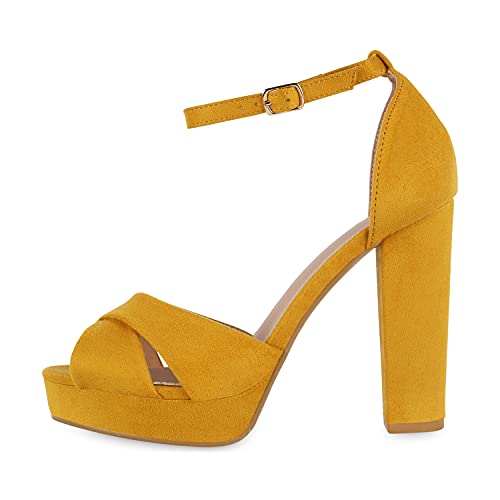 Giralin Damen Plateau Sandaletten Party Schuhe Blockabsatz High Heels Wildleder-Optik Absatzschuhe Riemchensandaletten 610055 Gelb 36 von Giralin