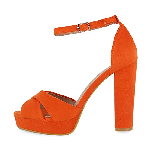 Giralin Damen Plateau Sandaletten Party Schuhe Blockabsatz High Heels Wildleder-Optik Absatzschuhe Riemchensandaletten 610058 Orange 39 von Giralin
