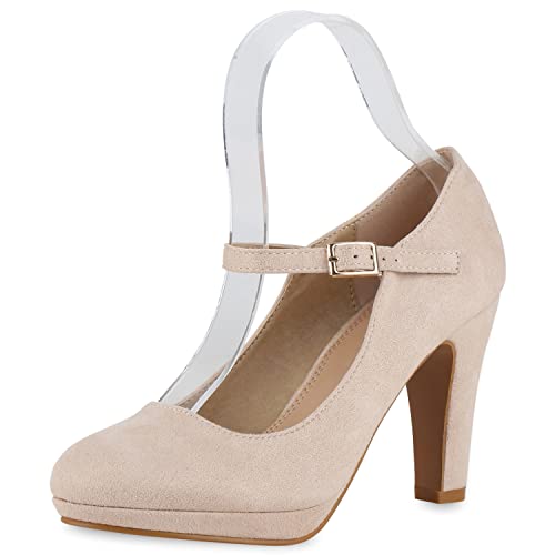 Giralin Damen Pumps Mary Janes High Heels Absatzschuhe Basic Wildleder-Optik Riemchenpumps Elegante Abend Schuhe Spangenpumps 210700 Beige 36 von Giralin