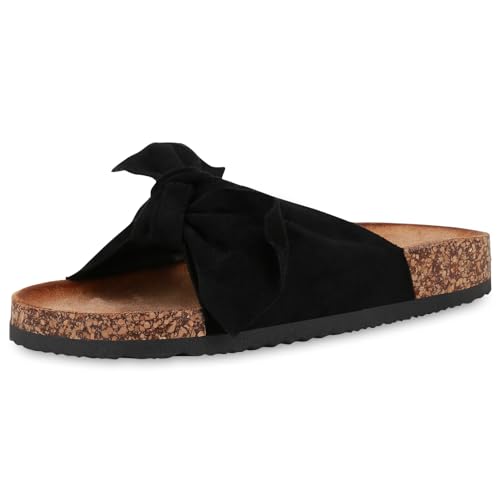 Giralin Damen Sandalen Pantoletten Kork-Optik Schuhe Flache Sommer Schlappen Schleifen Hausschuhe Profilsohle Sommer-Schuhe 196326 Schwarz 39 von Giralin