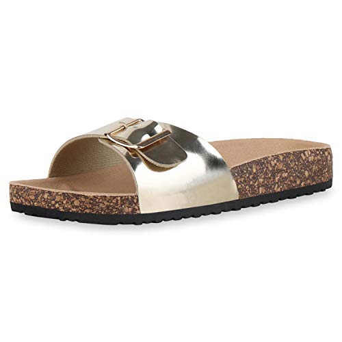 Giralin Damen Sandalen Pantoletten Lack Schuhe Korkoptik Sommer Hausschuhe Schlappen Metallic Strandschuhe Pool Slides 180319 Gold 42 von Giralin