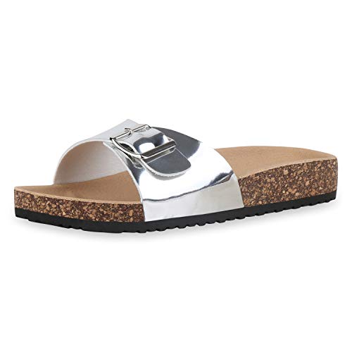 Giralin Damen Sandalen Pantoletten Lack Schuhe Korkoptik Sommer Hausschuhe Schlappen Metallic Strandschuhe Pool Slides 610128 Silber 40 von Giralin