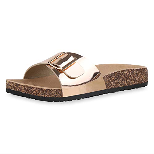 Giralin Damen Sandalen Pantoletten Lack Schuhe Korkoptik Sommer Hausschuhe Schlappen Metallic Strandschuhe Pool Slides 610130 Rose Gold 40 von Giralin