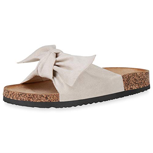 Giralin Damen Sandalen Pantoletten Schleifen Kork-Optik Profilsohle Wildleder-Optik Freizeitschuhe Flache Sommer Schuhe 195898 Creme 36 von Giralin