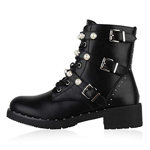 Giralin Damen Stiefeletten Schnürstiefeletten Leder-Optik Boots Leicht Gefütterte Schuhe Profilsohle Kurzschaft-Stiefel Zierperlen 179127 Schwarz Freizeit 36 von Giralin