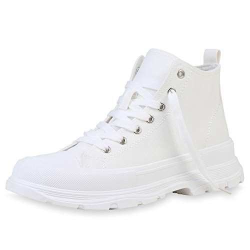 Giralin Damen Sneaker High Blockabsatz Schuhe Profilsohle Schnürer Stoff Freizeitschuhe Plateau Vorne Schnürschuhe 199917 Weiss 36 von Giralin