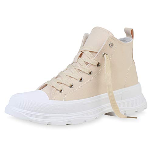 Giralin Damen Sneaker High Blockabsatz Schuhe Profilsohle Schnürer Stoff Freizeitschuhe Plateau Vorne Schnürschuhe 199918 Creme 38 von Giralin