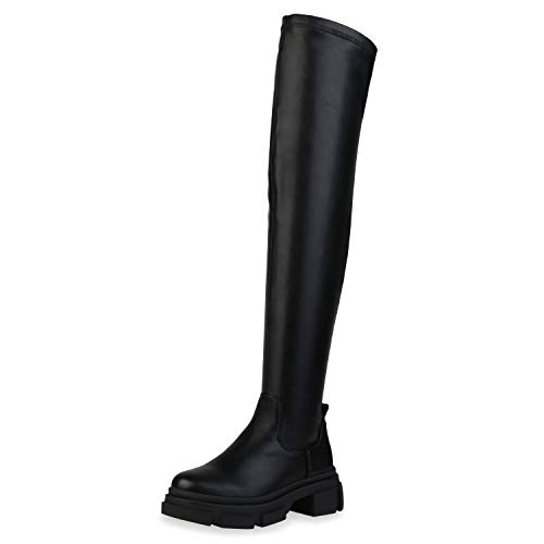 Giralin Damen Stiefel Leicht Gefütterte Overknees Plateau Vorne Profilsohle Schuhe Lederoptik Blockabsatz Langschaftstiefel 198123 Schwarz PU 38 von Giralin