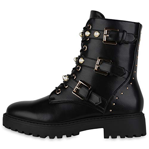 Giralin Damen Stiefeletten Leder-Optik Plateau Boots Zierperlen Nieten Schuhe Knöchelhohe Stiefel Blockabsatz 179789 Schwarz Gold 37 von Giralin