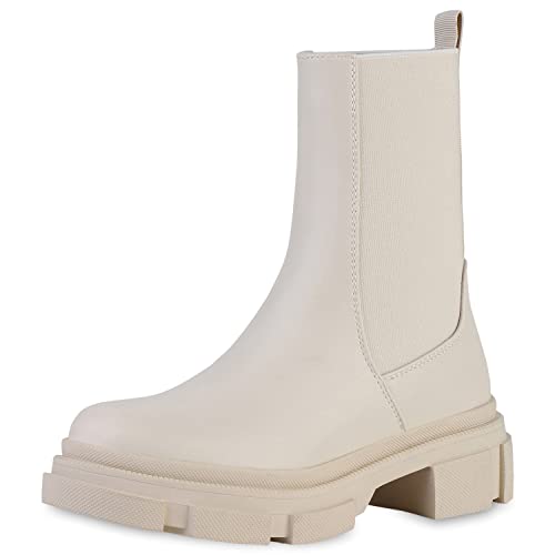 Giralin Damen Stiefeletten Plateau Boots Stiefel Profilsohle Schuhe Lederoptik Schlupfstiefeletten Blockabsatz Plateauschuhe 208325 Beige Plateau 38 von Giralin