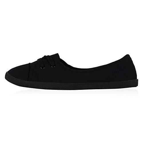 Giralin Sportliche Damen Ballerinas Stoff Slipper Schnürschuhe Sneaker Flats Freizeit Schuhe Basic 179834 Schwarz Schwarz Total 37 von Giralin