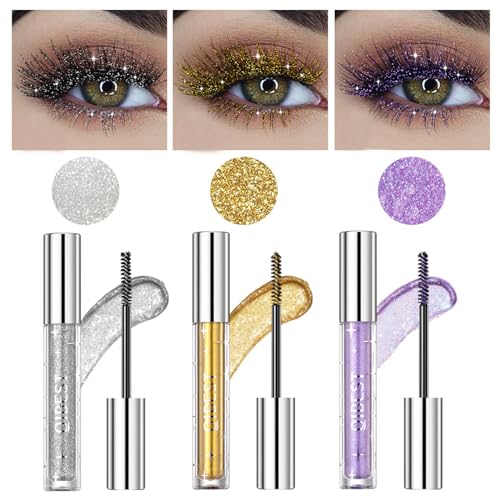 Gireatick 3pcs Glitter Mascara Set für Wimpern, Funkelnde Silber/Gold/Lila Glitter Farbige Mascara für Wimpern, Glänzende Diamant Mascara Verdickung Verlängerung für sehr Funkelnde Augen Make-up von Gireatick