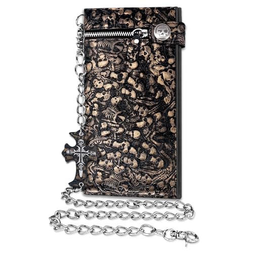 Girinme Lange Kette Geldbörse Leder Totenkopf Gothic Punk Bifold Halloween Goth Zubehör Unisex, Goldschwarz, Long Size, 0001 von Girinme