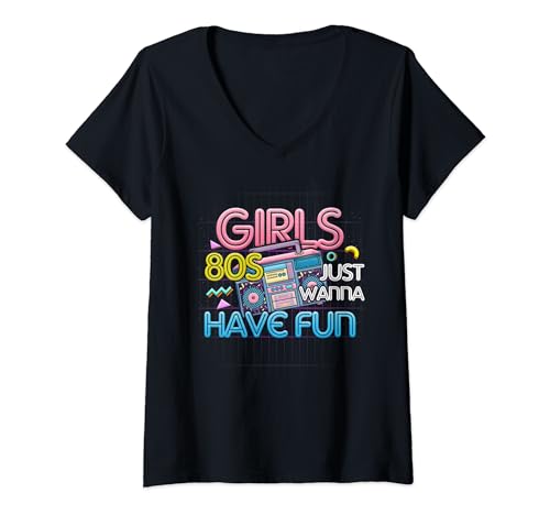 Damen Girl Just Wanna Have Fun Nostalgie 1980er 80er Jahre Throwback T-Shirt mit V-Ausschnitt Damen Girl Just Wanna Have Fun Nostalgie 1980er 80er Jahre Throwback T-Shirt mit V-Ausschnitt von Girl Just Wanna Have Fun Nostalgia 1980s 80s