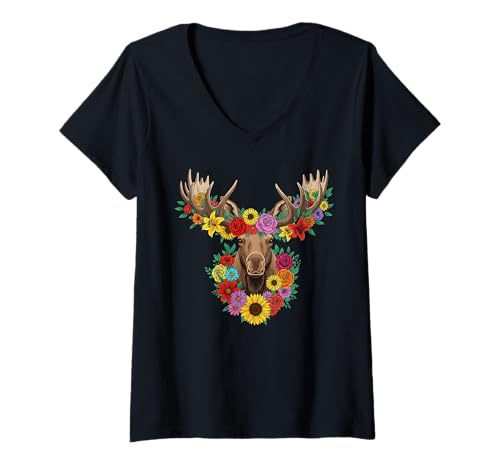 Damen Floral Moose The Flowers Girl Love Elch T-Shirt mit V-Ausschnitt Damen Floral Moose The Flowers Girl Love Elch T-Shirt mit V-Ausschnitt von Girl Moose Flowers - Love Moose Women