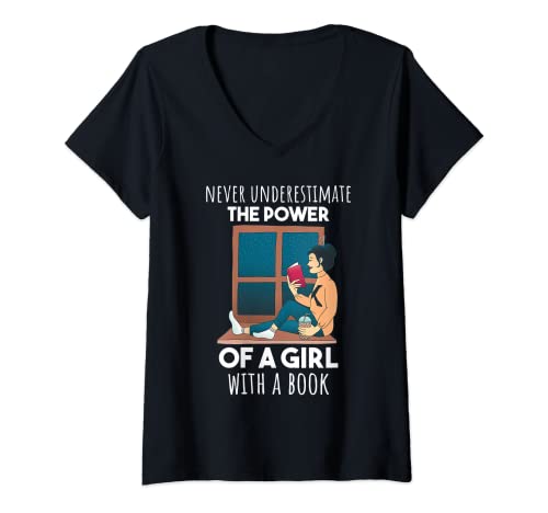 Damen Never underestimate the power of a girl witha book T-Shirt mit V-Ausschnitt von Girl Power with Books