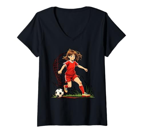 Damen Fußballspielerin Kicking a Ball Sportfans T-Shirt mit V-Ausschnitt Damen Fußballspielerin Kicking a Ball Sportfans T-Shirt mit V-Ausschnitt von Girl Soccer Power Athletic Style