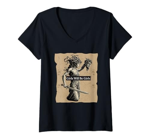 Damen Girl Will Be Girls Medusa Kopf des Perseus Girls Empowerment T-Shirt mit V-Ausschnitt Damen Girl Will Be Girls Medusa Kopf des Perseus Girls Empowerment T-Shirt mit V-Ausschnitt von Girl Will Be Girls Medusa Feminism Empowerment