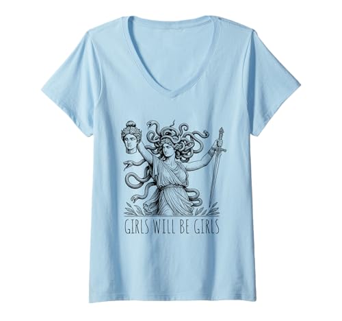 Damen Vintage Girl Will Be Girls Medusa Feministische Frauen Kleidung T-Shirt mit V-Ausschnitt Damen Vintage Girl Will Be Girls Medusa Feministische Frauen Kleidung T-Shirt mit V-Ausschnitt von Girl Will Be Girls Medusa Outfits