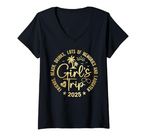 Damen Funny Girls Trip 2025 Friends Beach Drinks Lots Of Memories T-Shirt mit V-Ausschnitt Damen Funny Girls Trip 2025 Friends Beach Drinks Lots Of Memories T-Shirt mit V-Ausschnitt von Girl’s Trip 2025 Vacation Matching Outfits