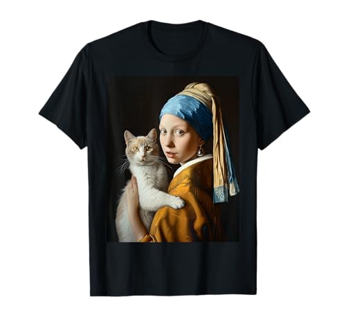 Mädchen mit Perlenohrring Katze Berühmte Malkunst Lehrer T-Shirt von Girl with a Pearl Earring by Johannes Vermeer