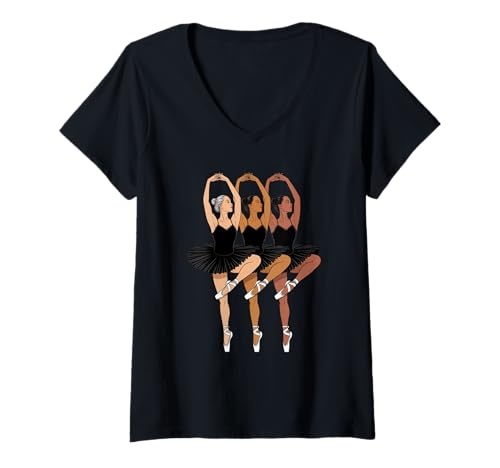 Damen Dancing Diverse Balletttänzer Schwarz Pose Tochter Frauen Männer T-Shirt mit V-Ausschnitt von Girls Dance Culture Unity Art for Ballerina Lovers