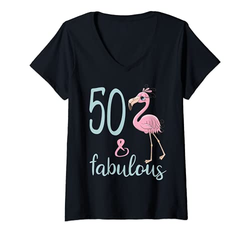 Damen 50 & Fabulous Flamingo Outfit Tolles Geschenk zum 50. Geburtstag T-Shirt mit V-Ausschnitt Damen 50 & Fabulous Flamingo Outfit Tolles Geschenk zum 50. Geburtstag T-Shirt mit V-Ausschnitt von Girls Fabulous Flamingo Birthday Outfit Bday Gifts