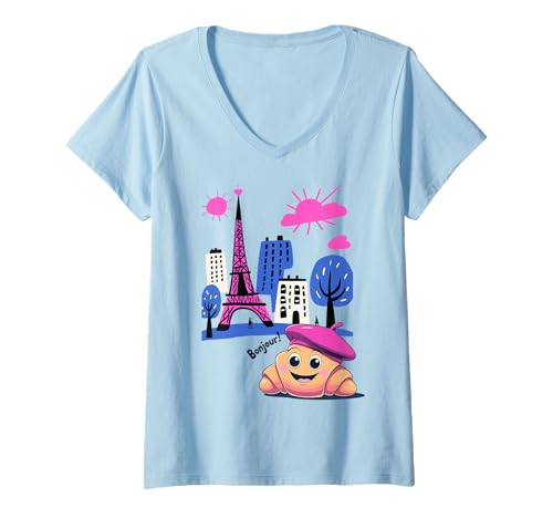 Damen Kids Paris France Croissant Pink Baskenmütze Hello in French Tower T-Shirt mit V-Ausschnitt Damen Kids Paris France Croissant Pink Baskenmütze Hello in French Tower T-Shirt mit V-Ausschnitt von Girls French Pastry Children's Souvenirs France