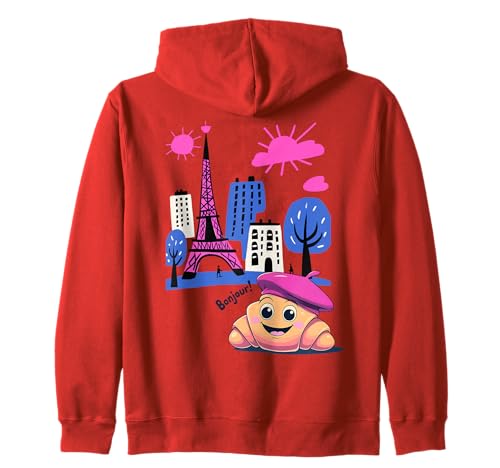 Kids Paris France Croissant Pink Baskenmütze Hello in French Tower Kapuzenjacke von Girls French Pastry Children's Souvenirs France