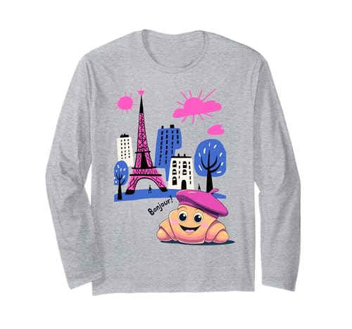 Kids Paris France Croissant Pink Baskenmütze Hello in French Tower Langarmshirt Kids Paris France Croissant Pink Baskenmütze Hello in French Tower Langarmshirt von Girls French Pastry Children's Souvenirs France