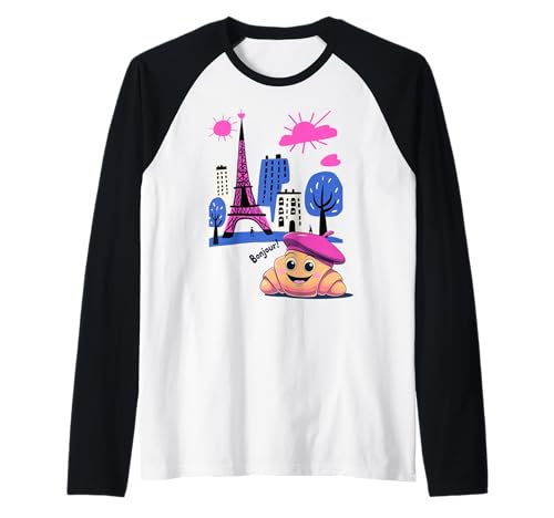 Kids Paris France Croissant Pink Baskenmütze Hello in French Tower Raglan von Girls French Pastry Children's Souvenirs France