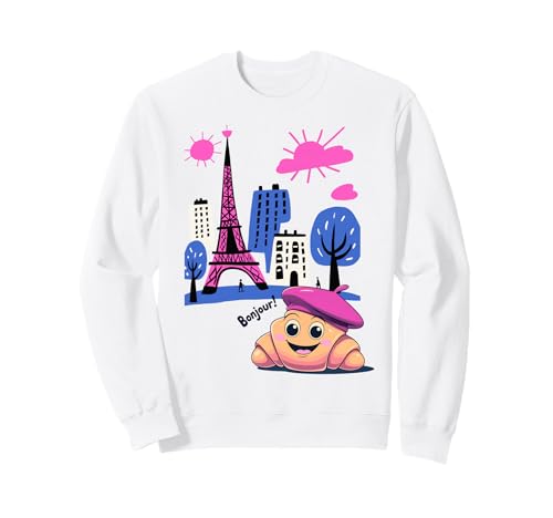 Kids Paris France Croissant Pink Baskenmütze Hello in French Tower Sweatshirt Kids Paris France Croissant Pink Baskenmütze Hello in French Tower Sweatshirt von Girls French Pastry Children's Souvenirs France