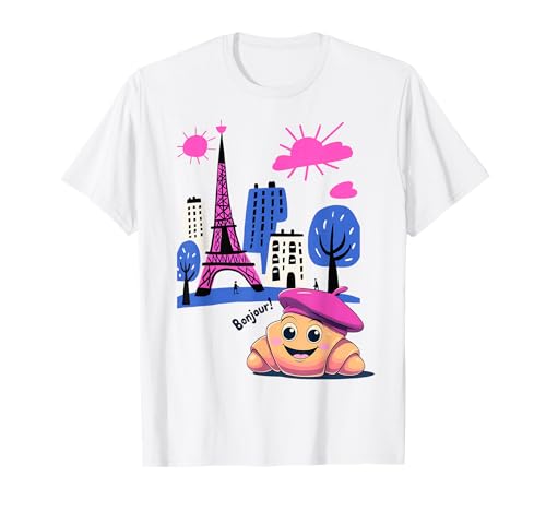 Kids Paris France Croissant Pink Baskenmütze Hello in French Tower T-Shirt von Girls French Pastry Children's Souvenirs France