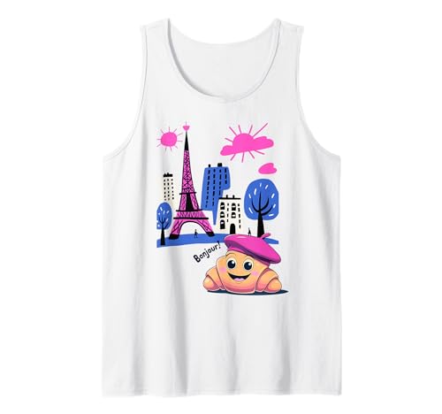 Kids Paris France Croissant Pink Baskenmütze Hello in French Tower Tank Top von Girls French Pastry Children's Souvenirs France