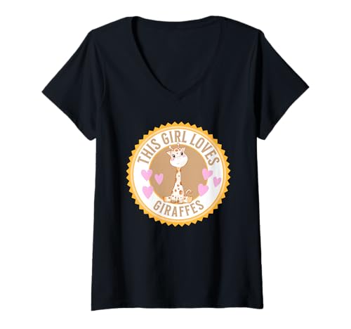 Damen Dieses Mädchen liebt Giraffen, niedliche Cartoon-Giraffe T-Shirt mit V-Ausschnitt von Girls Giraffe Gifts Co.