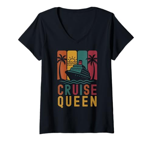 Damen Cruising Queen Damen Besties Retro Sommer Kreuzfahrt Urlaub T-Shirt mit V-Ausschnitt von Girls Gone Cruising Queen Funny Trip Outfit