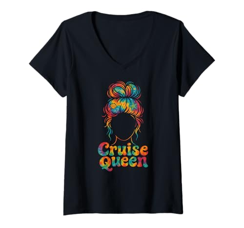 Damen Cruising Queen Messy Bun Frauen Sommer Kreuzfahrt Urlaub T-Shirt mit V-Ausschnitt Damen Cruising Queen Messy Bun Frauen Sommer Kreuzfahrt Urlaub T-Shirt mit V-Ausschnitt von Girls Gone Cruising Queen Trip Besties Outfit