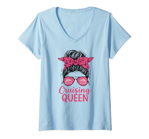 Damen Cruising Queen Messy Bun Frauen Sommer Kreuzfahrt Urlaub T-Shirt mit V-Ausschnitt Damen Cruising Queen Messy Bun Frauen Sommer Kreuzfahrt Urlaub T-Shirt mit V-Ausschnitt von Girls Gone Cruising Queen Trip Besties Outfit