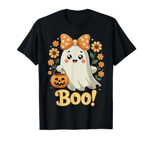 Boo Ghost Mädchen Halloween Kokette Schleife Floral Candy Kürbis T-Shirt Boo Ghost Mädchen Halloween Kokette Schleife Floral Candy Kürbis T-Shirt von Girls Halloween Tees NYC