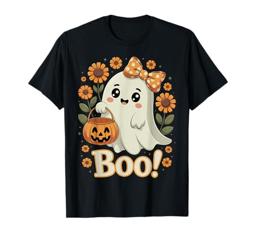 Boo Ghost Mädchen Halloween Kokette Schleife Floral Candy Kürbis T-Shirt Boo Ghost Mädchen Halloween Kokette Schleife Floral Candy Kürbis T-Shirt von Girls Halloween Tees NYC
