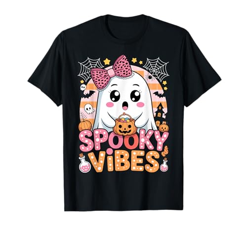 Niedliches Geistermädchen Halloween rosa Kürbis Gruselige Vibes Schleife Kinder T-Shirt von Girls Halloween Tees NYC