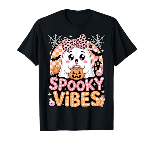 Niedliches Geistermädchen Halloween rosa Kürbis Gruselige Vibes Schleife Kinder T-Shirt von Girls Halloween Tees NYC